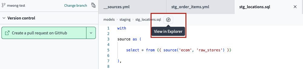 Access dbt Explorer from the IDE by clicking on the 'View in Explorer' icon next to the file breadcrumbs. Access dbt Explorer from the IDE by clicking on the 'View in Explorer' icon next to the file breadcrumbs.