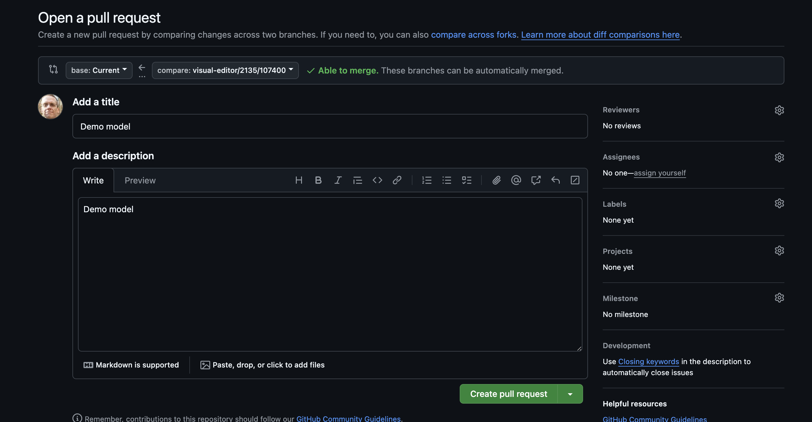 Example of the screen you're taken to in GitHub when you create a pull request from Canvas.