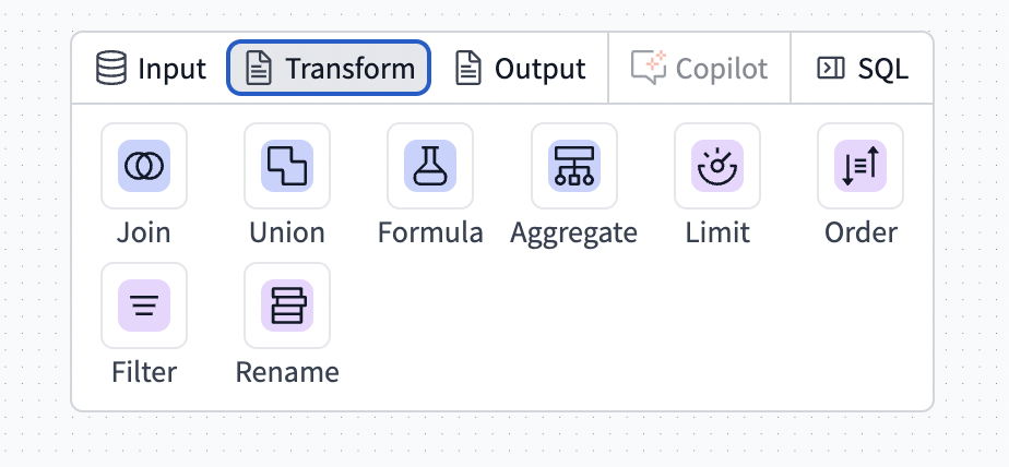 The operator toolbar allows you to select different nodes to configure or perform specific tasks, like adding filters or joining models. The operator toolbar allows you to select different nodes to configure or perform specific tasks, like adding filters or joining models.