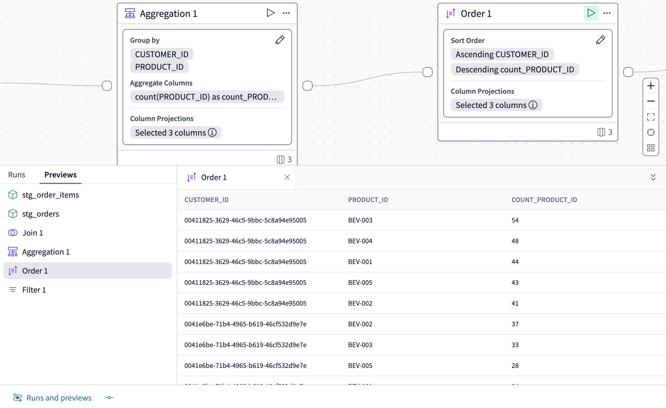 The ordered data operator tile config and data preview.