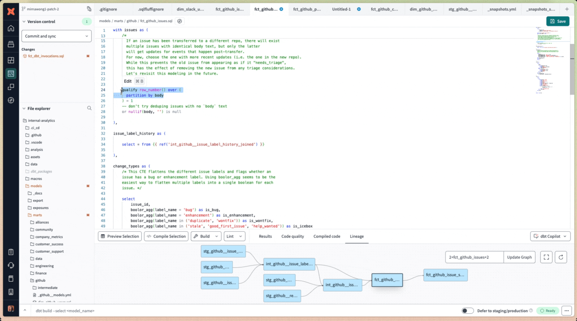 Edit existing SQL code using dbt Copilot's prompt window accessible by keyboard shortcut Cmd+B (Mac) or Ctrl+B (Windows) Edit existing SQL code using dbt Copilot's prompt window accessible by keyboard shortcut Cmd+B (Mac) or Ctrl+B (Windows)